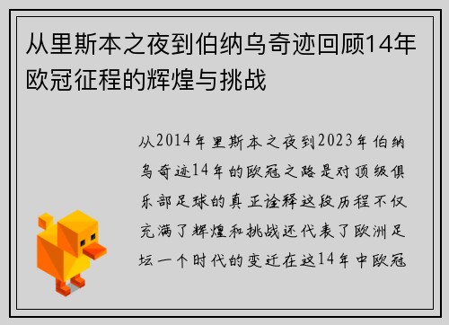 从里斯本之夜到伯纳乌奇迹回顾14年欧冠征程的辉煌与挑战
