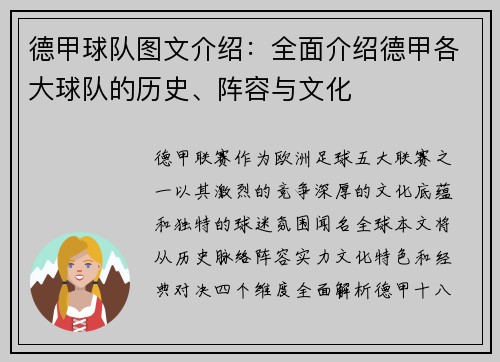 德甲球队图文介绍：全面介绍德甲各大球队的历史、阵容与文化