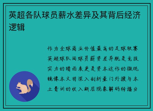 英超各队球员薪水差异及其背后经济逻辑